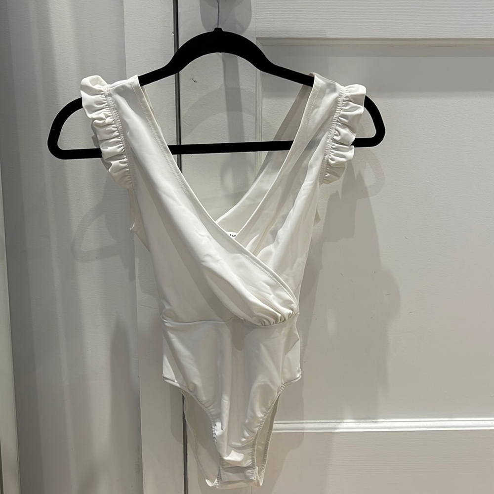 Amanda Uprichard White Ruffle Strap Bodysuit